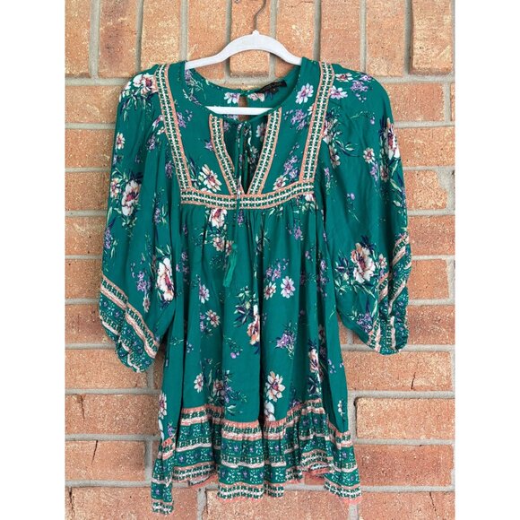 Rachel Zoe Green Floral Boho Peasant Top Puff Sleeves & Tassel Tie Neck Womens S - Picture 2 of 11